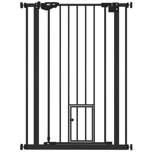 PawHut Extra Tall Pet Gate, wewnętrzna bramka zabezpieczająca dla psa, z klapką dla kota, zamykana automatycznie, szerokość 74-80 cm - czarna