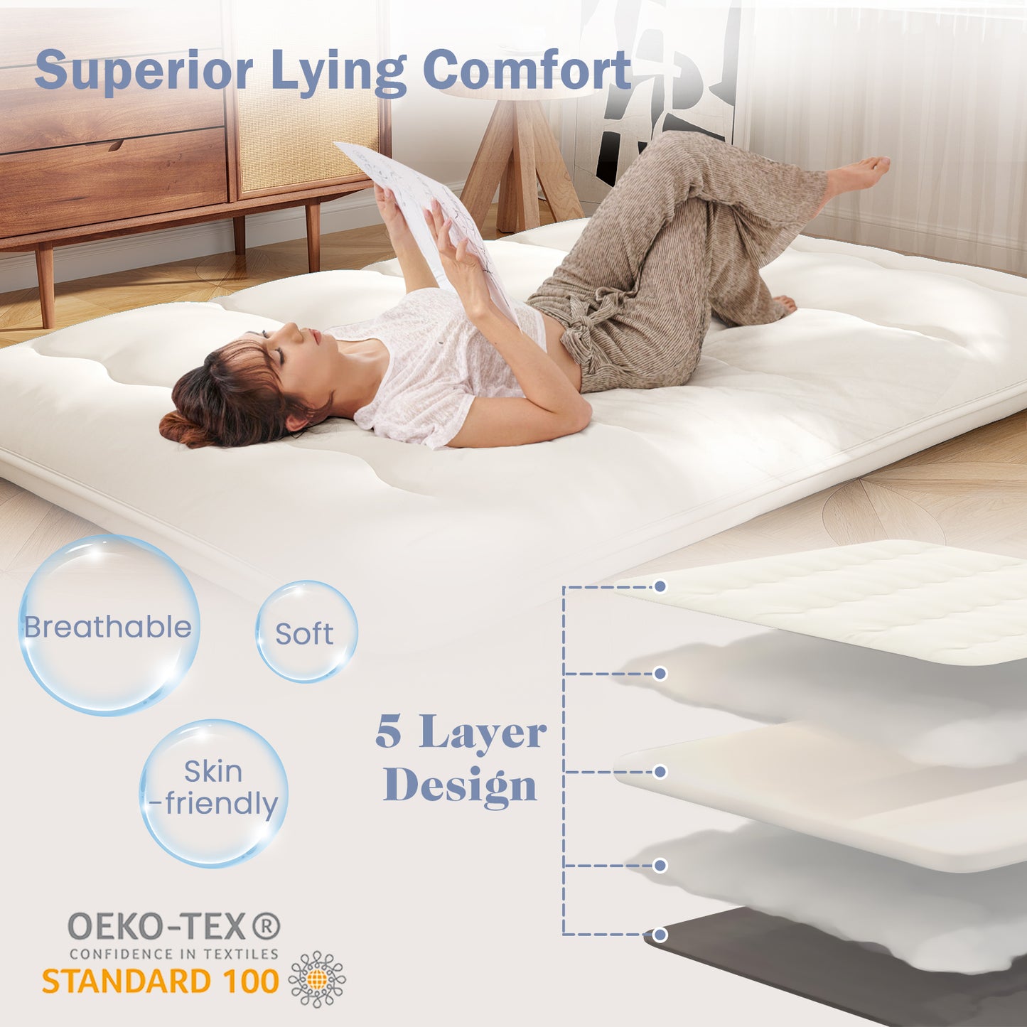 Japanese Floor Mattress with Washable Cover and Carry Bag-Beige-King Size