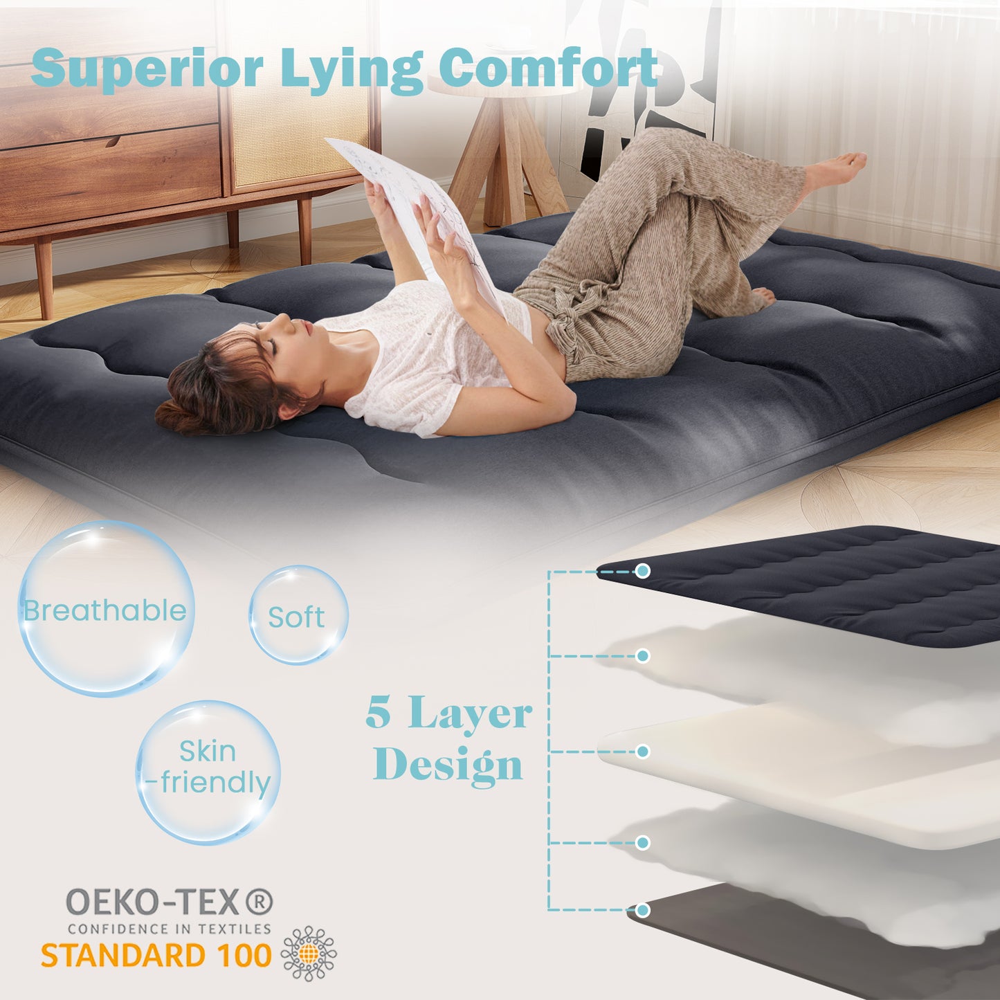Japanese Floor Mattress with Washable Cover and Carry Bag-Black-Double Size