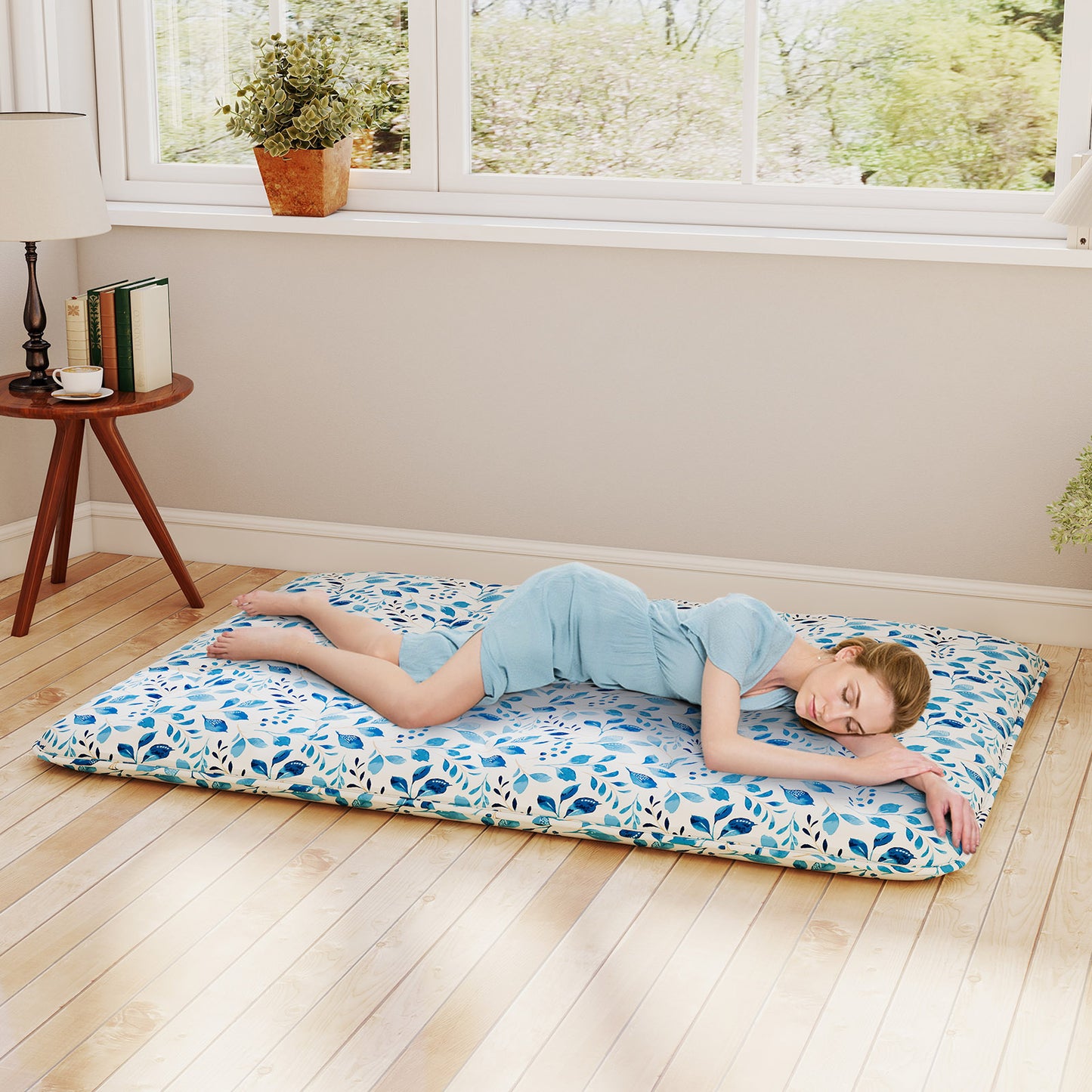 Japanese Floor Mattress with Washable Cover and Carry Bag-Blue & White-Compact Double