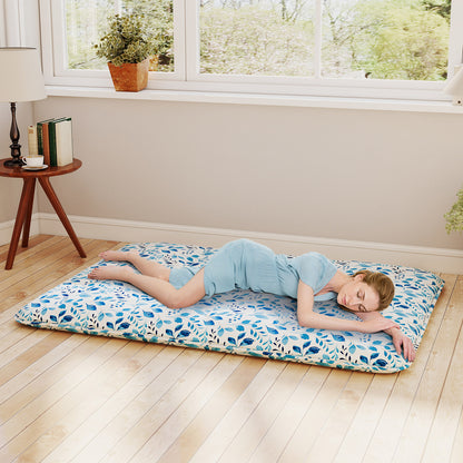 Japanese Floor Mattress with Washable Cover and Carry Bag-Blue & White-Compact Double