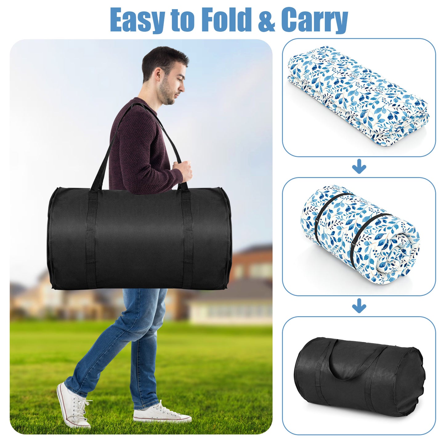 Japanese Floor Mattress with Washable Cover and Carry Bag-Blue & White-Compact Double