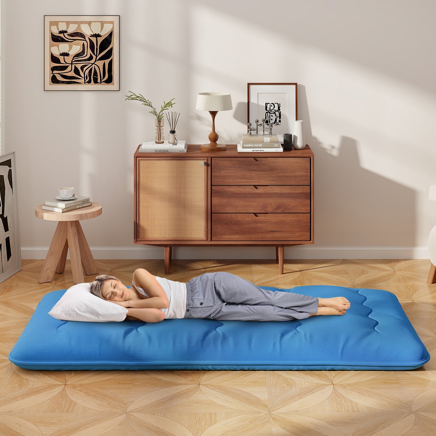Japanese Floor Mattress with Washable Cover and Carry Bag-Blue-Compact Double
