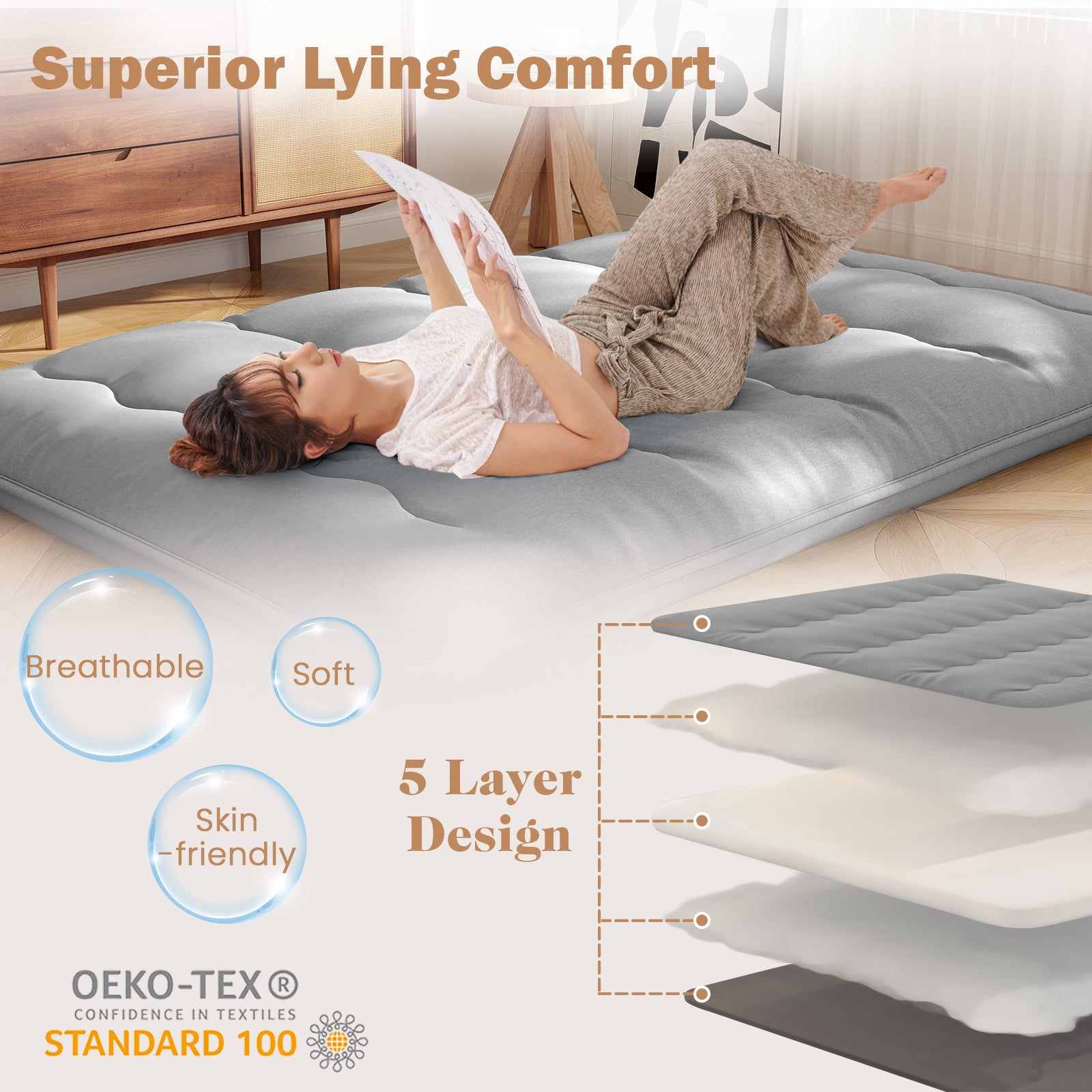 Japanese Floor Mattress with Washable Cover and Carry Bag-Grey-Double Size