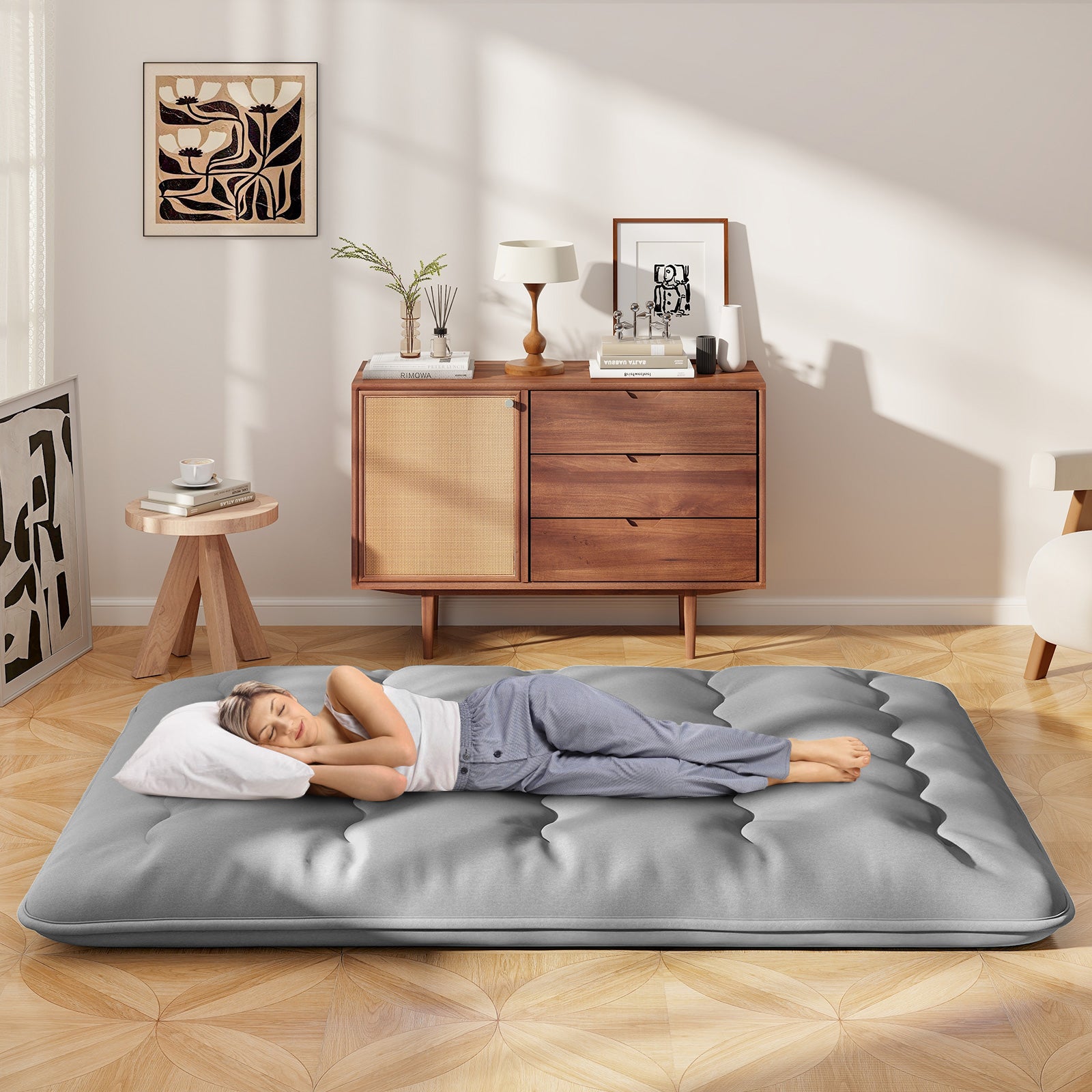 Japanese Floor Mattress with Washable Cover and Carry Bag-Grey-King Size