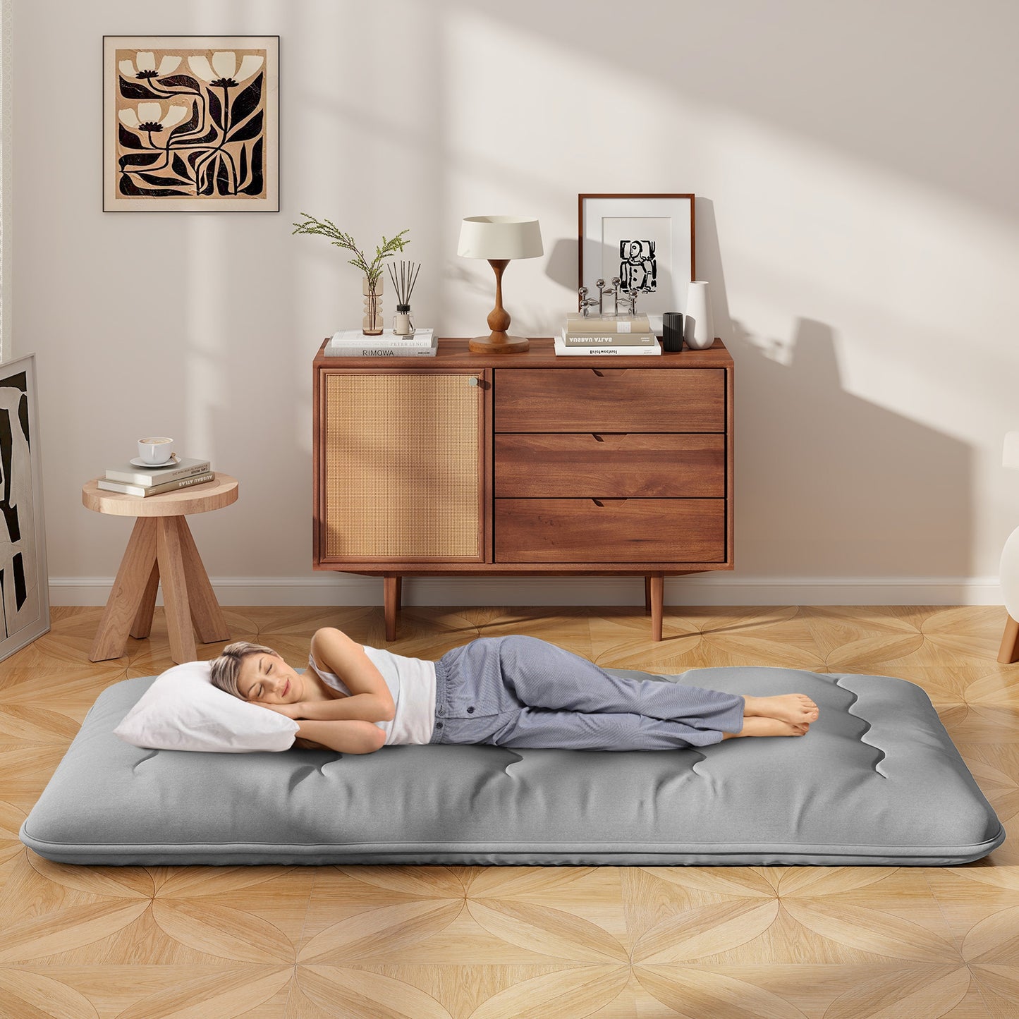 Japanese Floor Mattress with Washable Cover and Carry Bag-Grey-Compact Double