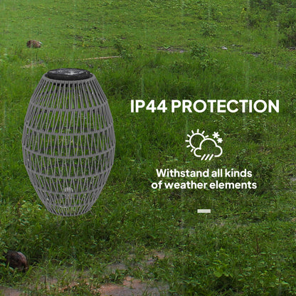 Lampa solarna Outsunny Rattan, ogrodowa lampa solarna z automatycznym włączaniem/wyłączaniem, wodoodporna IP44, dekoracyjna lampa zewnętrzna z rattanu na werandę i ścieżkę, szara