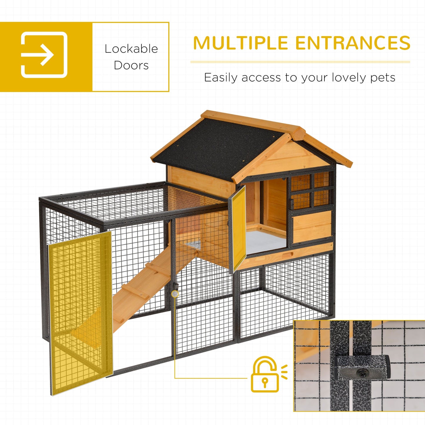 PawHut Rabbit Hutch Guinea Pig Hutch Wood-metal Elevated Guinea Pig House Pet Bunny Cage for Outdoor 122 x 63 x 92cm Light Yellow