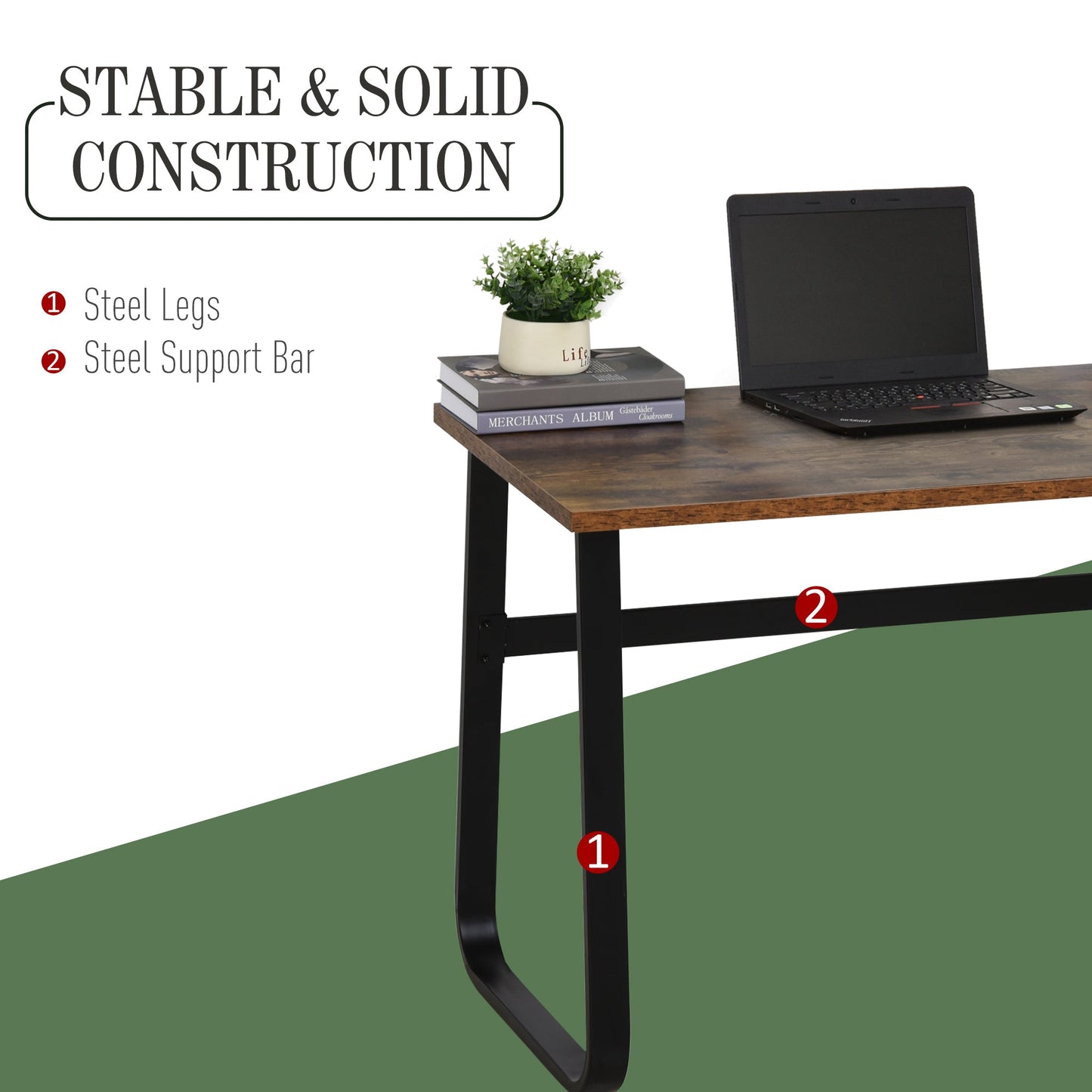 HOMCOM Computer Table, Writing Desk with Steel Frame and Wood Top, Industrial Home Study Table, 115 x 58 x 74.5cm, Rustic Brown and Black