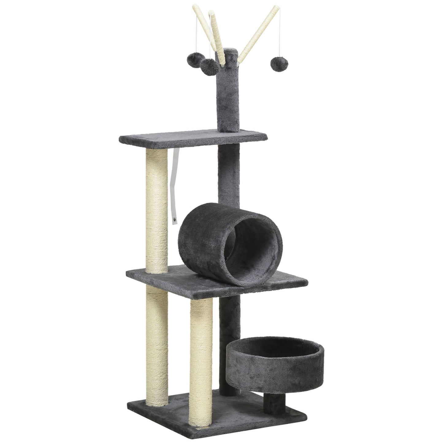 PawHut 121cm Cat Tree Tower for Indoor Cats Kitten Activity Center Scratching Post with Bed Tunnel Perch Interactive Ball Toy, Grey