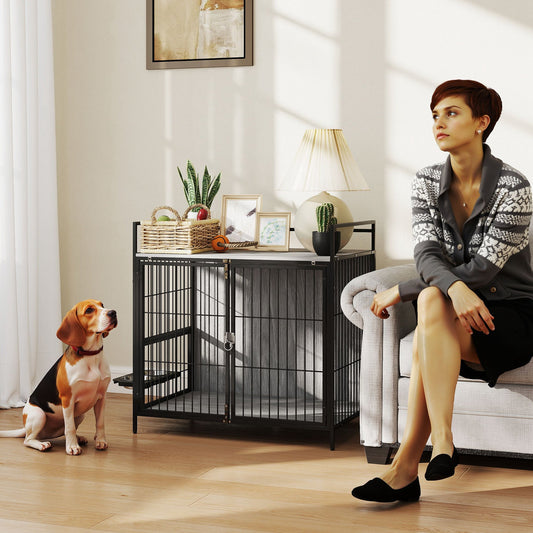 PawHut Dog Crate Furniture z obrotowym uchwytem na miski, 2 miski, 2 drzwi, dla średnich psów, 80 x 56 x 76,5 cm, szary