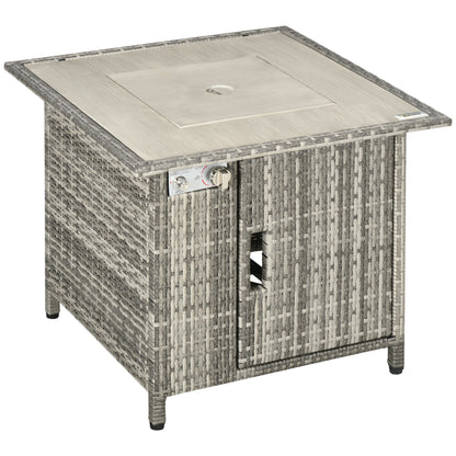 Outsunny Outdoor PE Rattan Gas Fire Pit Table, Patio Square Propane Heater with Rain Cover, Glass Windscreen, and Lava Stone, 50,000 BTU, Grey