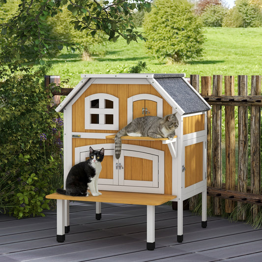 PawHut Outdoor Cat Shelter 2 Tiers Drewniany domek dla dzikich kotów z otwieranym dachem asfaltowym, drzwiami ewakuacyjnymi, tarasem, dla 1-2 kotów