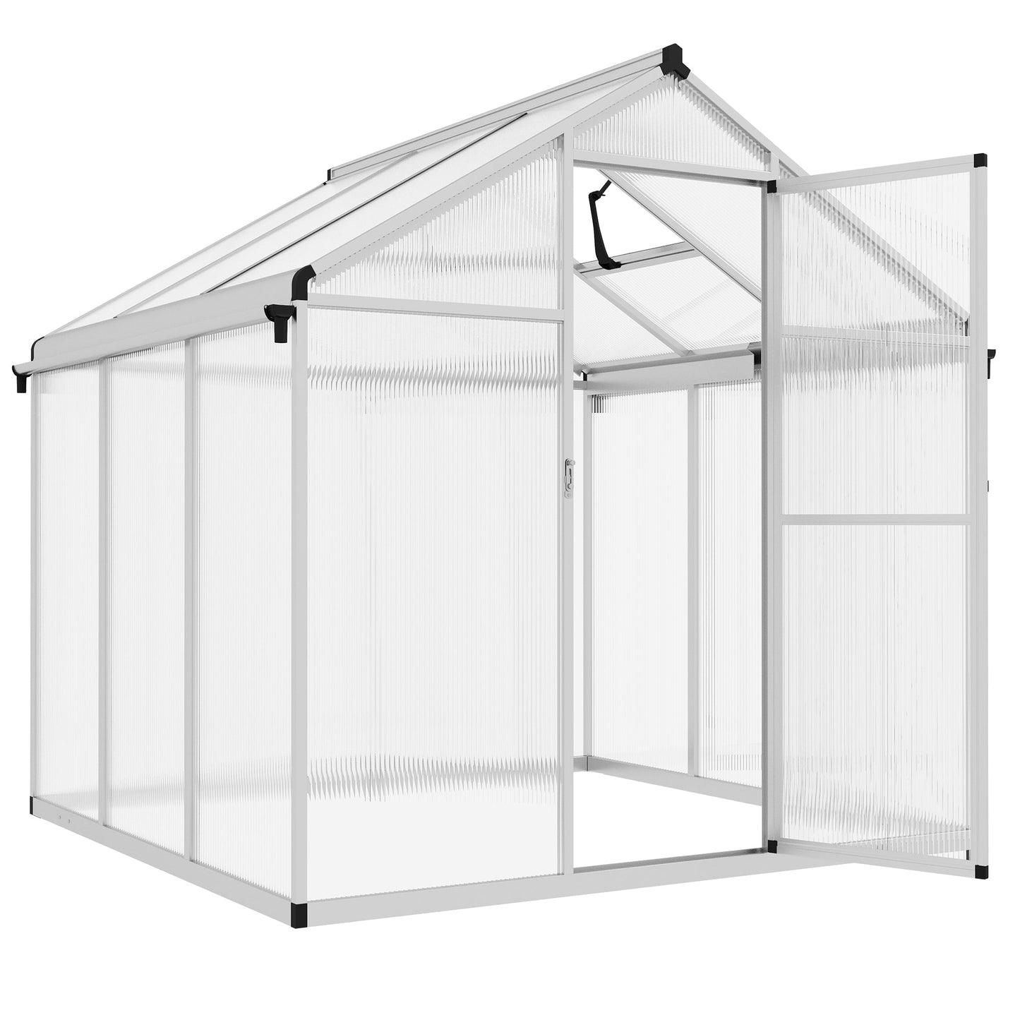 Outsunny 6 x 6ft Polycarbonate Greenhouse With Rain Gutters, Large Walk-In with Door And Window, Garden Grow House With Aluminium Frame