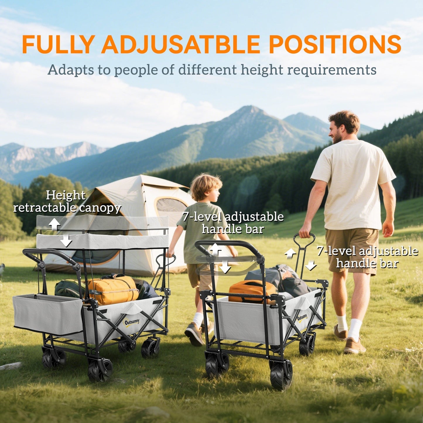 Outsunny Folding Trolley Cart Storage Wagon Beach Trailer 4 Wheels with Handle Overhead Canopy Cart Push Pull for Camping, Grey