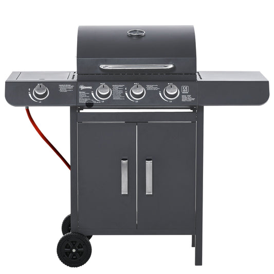 Outsunny 3+1 palnikowy grill gazowy, wózek do grilla na zewnątrz z kółkami, ruszt do podgrzewania, półki boczne, szafka, termometr do ogrodu, na imprezę, kemping, 110L x 50W x 100Hcm, szary