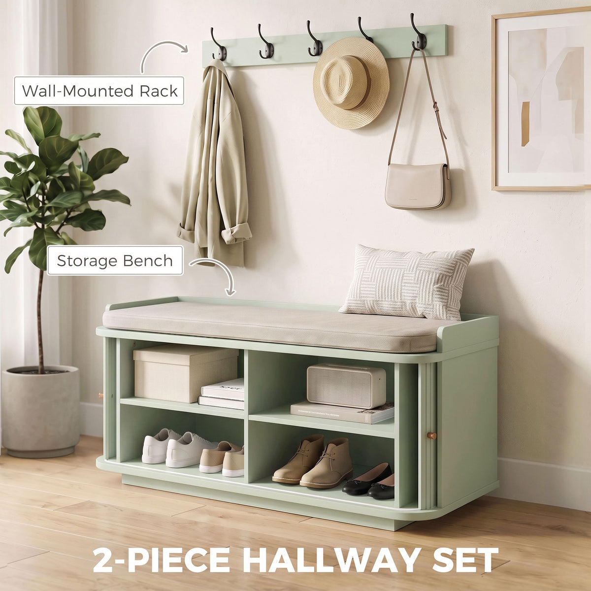 HOMCOM Hallway Storage Unit, Hallway Furniture Set with Shoe Storage Cabinet and 5 Hooks Coat Rack, Light Green