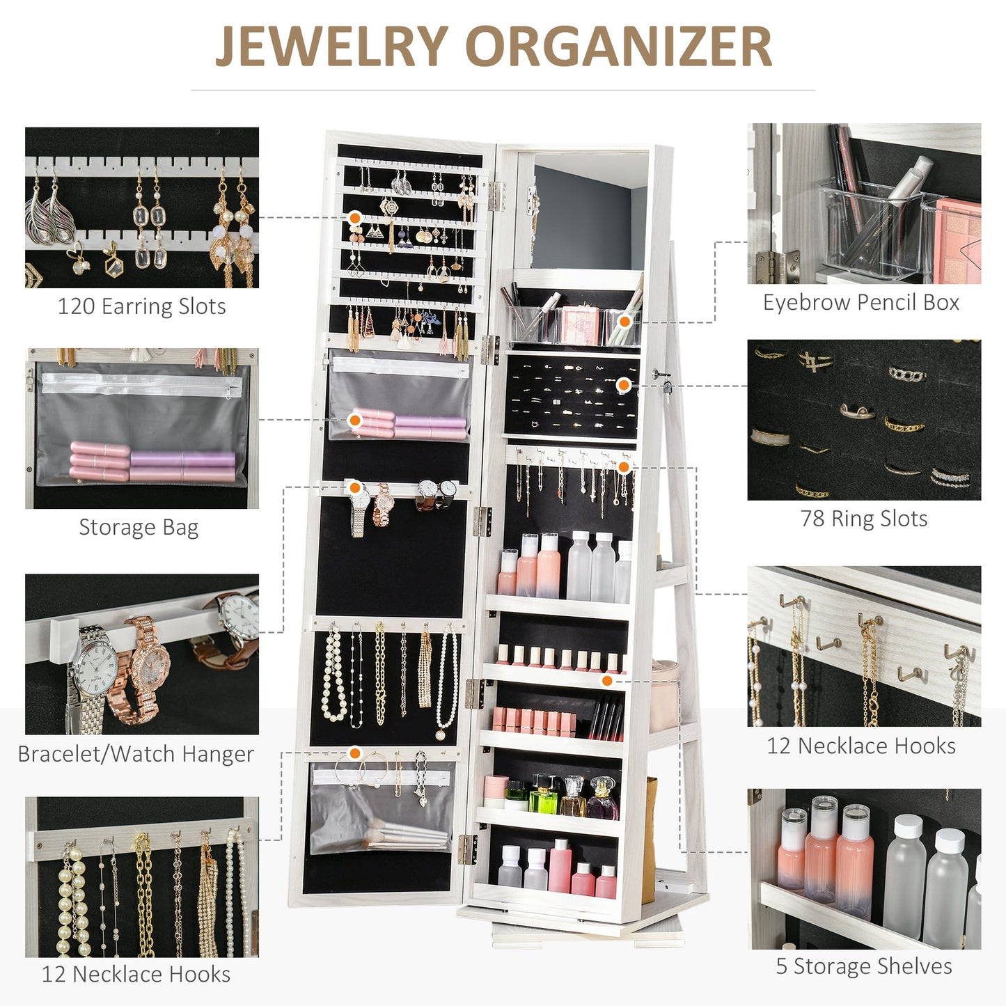 HOMCOM 360¡ Swivel Jewellery Cabinet, Mirror Armoire, Full Length Mirror, Lockable Jewellery Organizer with Built-In Small Mirror, White