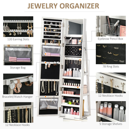 HOMCOM 360¡ Swivel Jewellery Cabinet, Mirror Armoire, Full Length Mirror, Lockable Jewellery Organizer with Built-In Small Mirror, White