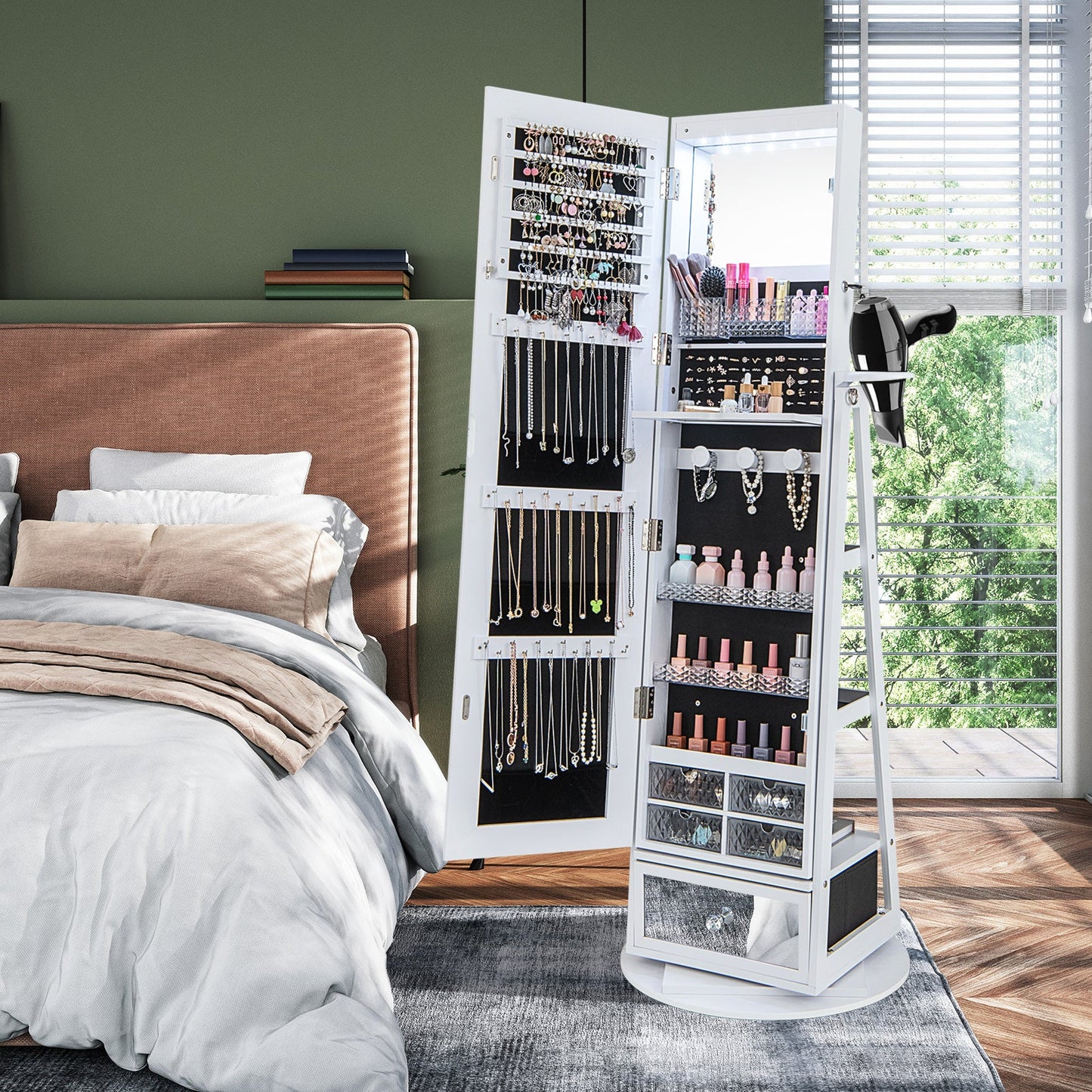 360¬∞ Swivel Lockable Jewelry Armoire Cabinet with Full-Length Mirror-White