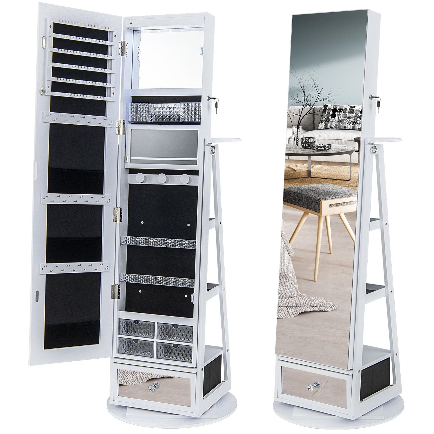 360¬∞ Swivel Lockable Jewelry Armoire Cabinet with Full-Length Mirror-White