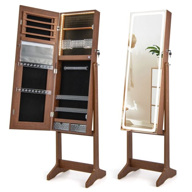 Standing Jewelry Cabinet with LED Lights Lipstick Box and 2 Drawers-Walnut