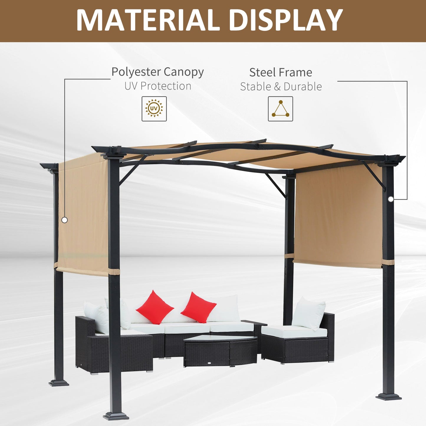 Outsunny Outdoor Retractable Pergola Garden Gazebo with Two Adjustable Side Canopy Overhead Sun Shade Backyard Canopy Cover, Steel Khaki 2.96x2.45x2.3m