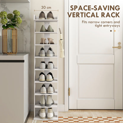 HOMCOM Shoe Rack 9-Tier Shoe Storage Organiser Top Tray Guardrail 2 Hooks 30 x 30 x 128.4 cm White