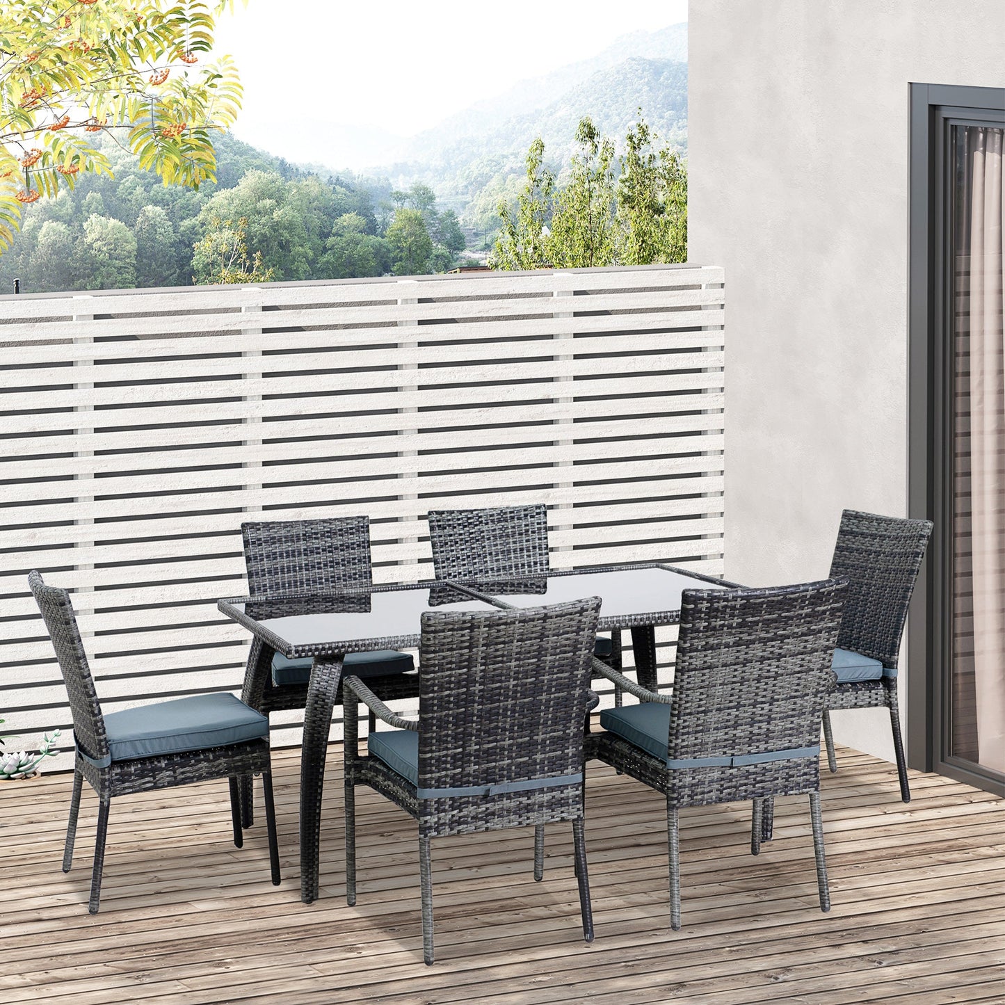 Outsunny 6 Seater Rattan Dining Set with Cushions, Rattan Garden Furniture Set, Outdoor Dining Table and Chairs with 6 Stackable Armchairs, Rectangular Glass Top Table for Patio, Balcony, Grey