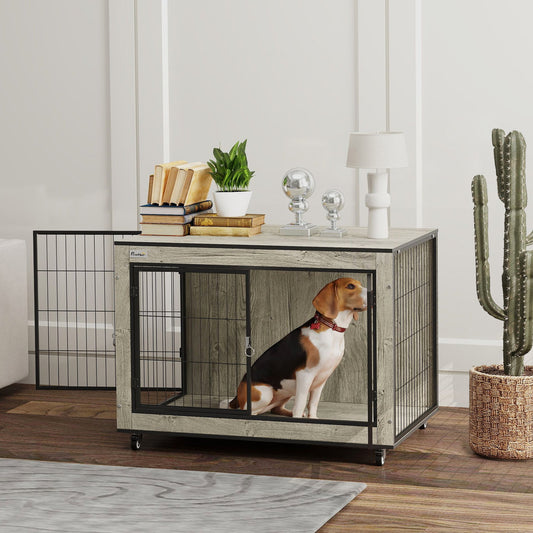 PawHut Dog Crate Furniture z kółkami, podwójne drzwi, dla średnich psów, 80 x 56 x 62,5 cm, szary
