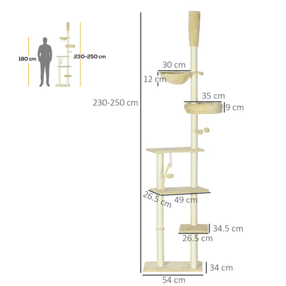 PawHut Floor to Ceiling Cat Tree for Indoor Cats, 6-Tier Play Tower Climbing Activity Center with Scratching Post, Platforms, Bed, Hammock, Adjustable Height 230-250cm, Beige