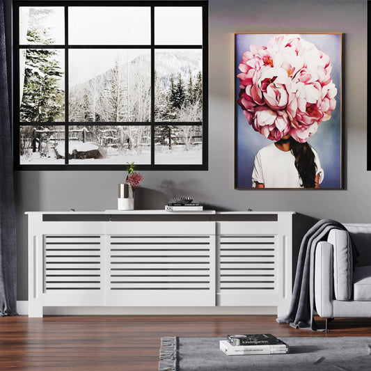 HOMCOM MDF Rozsuwana osłona grzejnika Szafka półkowa Domowe biuro Projekt listew Biały 139-208,5L x 20,5W x 82,5H cm