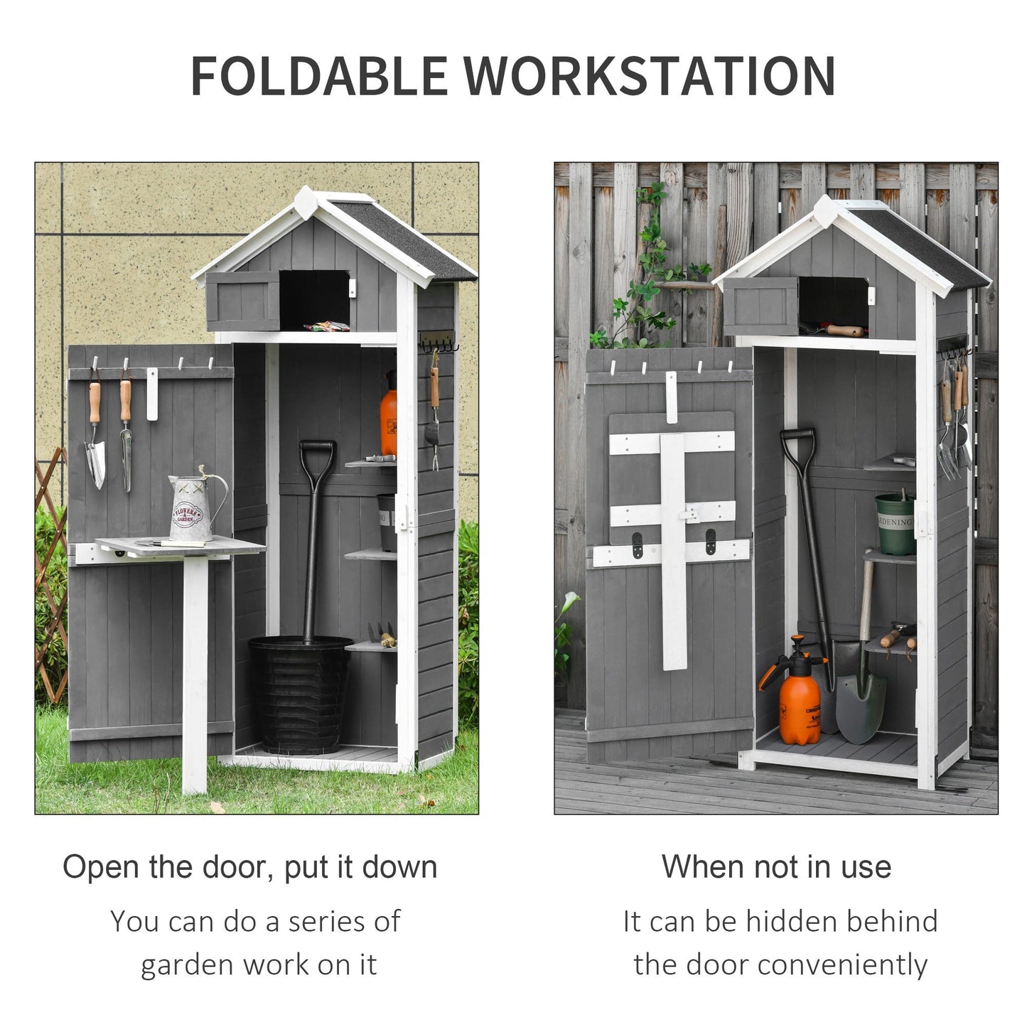 Outsunny Wooden Garden Storage Shed Multifunction Lockable Tool Cabinet Organizer w/ Workstation, 182 x 78 x 52.5 cm, Grey