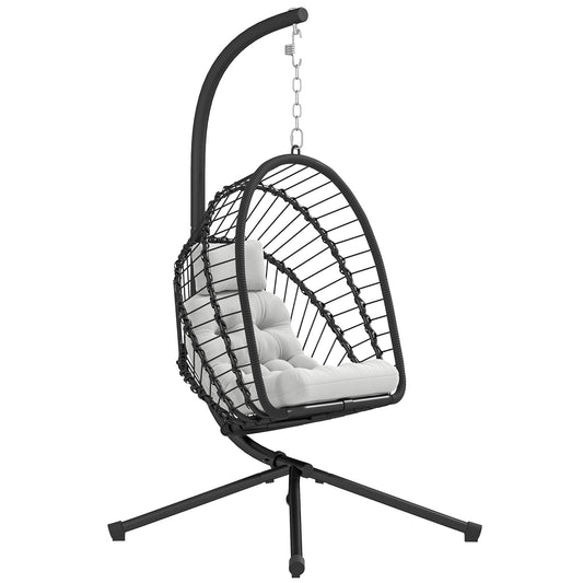 Outsunny Outdoor PE Rattan Swing Chair z poduszką, składany kosz ogrodowy Patio Hanging Egg Chair z metalowym stojakiem, zagłówek, do wewnątrz i na zewnątrz, czarny