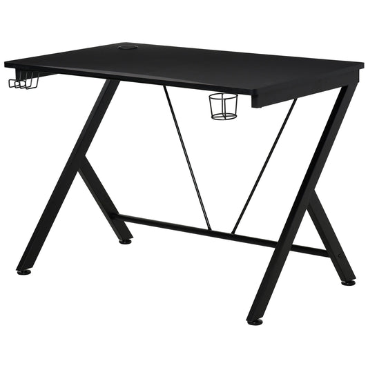 Biurko gamingowe HOMCOM, 108 x 66 cm, metalowa rama stołu komputerowego z uchwytem na kubek, haczykiem na słuchawki, otworem na kabel, do małych przestrzeni, czarne