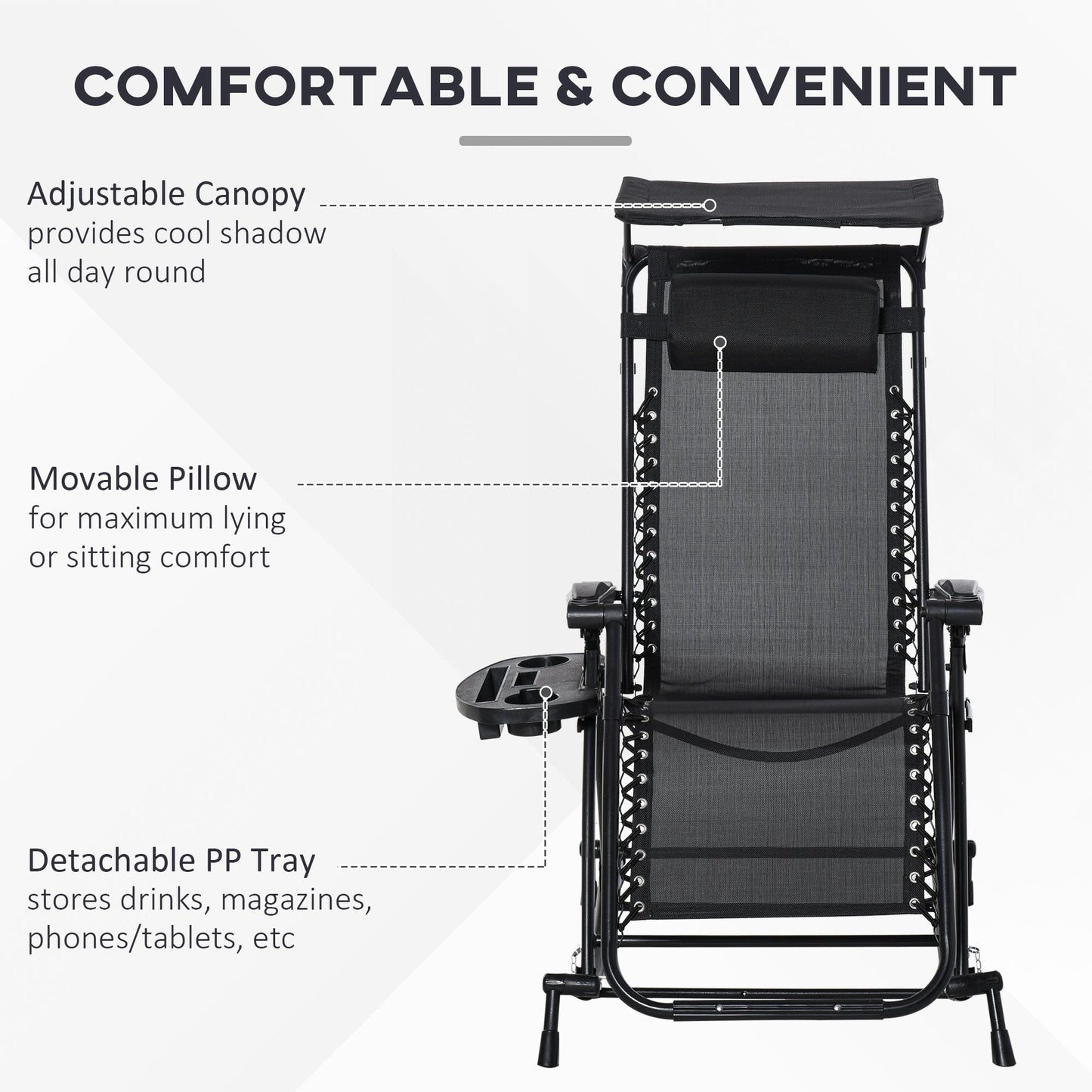 Outsunny Garden Rocking Chair Folding Recliner Outdoor Adjustable Sun Lounger Rocker Zero-Gravity Seat with Headrest Side Holder Patio Deck - Black