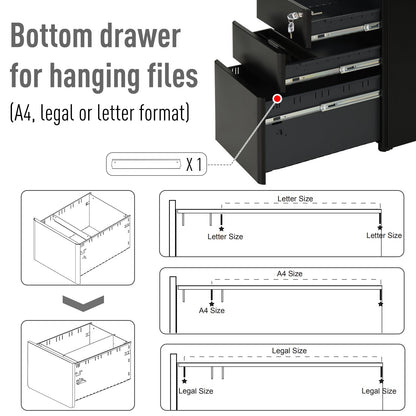 Vinsetto Lockable Cabinet, Rolling Filing Cabinet with 3 Drawers, Steel Office Drawer Unit for A4, Letter, Legal Sized Files