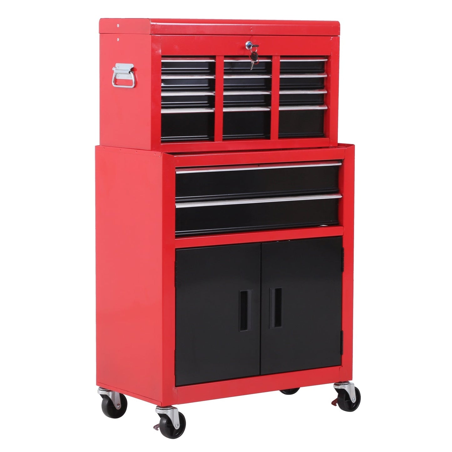 Tool Chest, Metal Tool Cabinet on Wheels with 6 Drawers, Pegboard, Top Chest and Roller Cabinet Combo, 61.6 x 33 x 108cm, Red