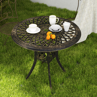 Outsunny 78 cm Okrągły Stół Ogrodowy Jadalny z Otworem na Parasol Antyczny Odlew Aluminiowy Tylko Stół Zewnętrzny, Odcień Brązu