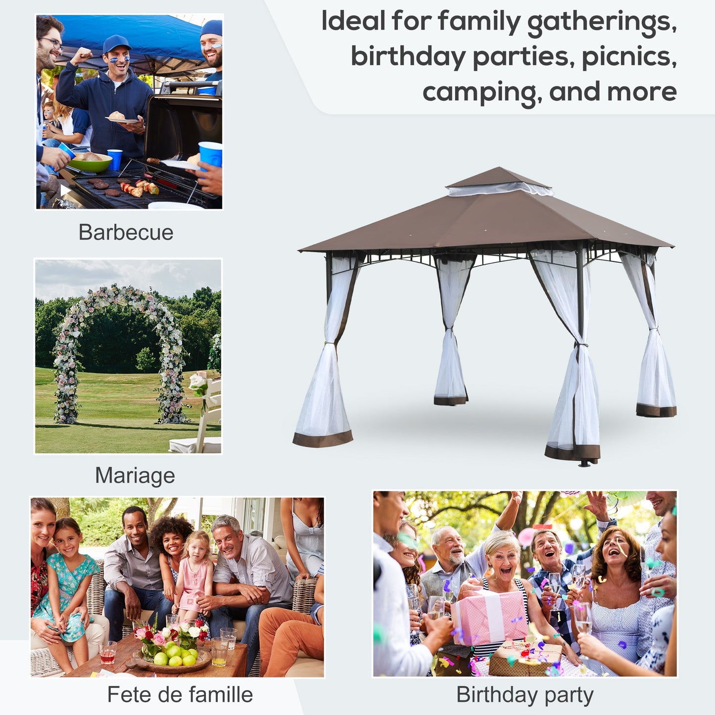 Outsunny 3 x 3 m Garden Metal Gazebo Square Outdoor Party Wedding Canopy Shelter w/Mesh, Brown