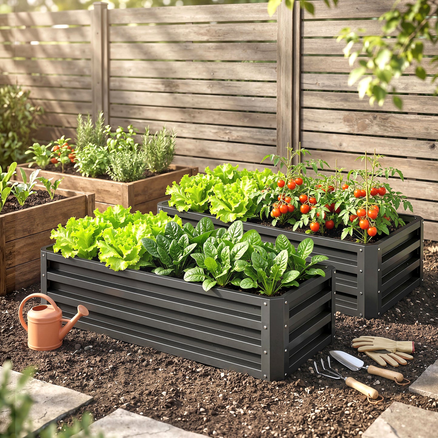 Outsunny Set of Two 110 x 50cm Steel Planter Boxes - Dark Grey