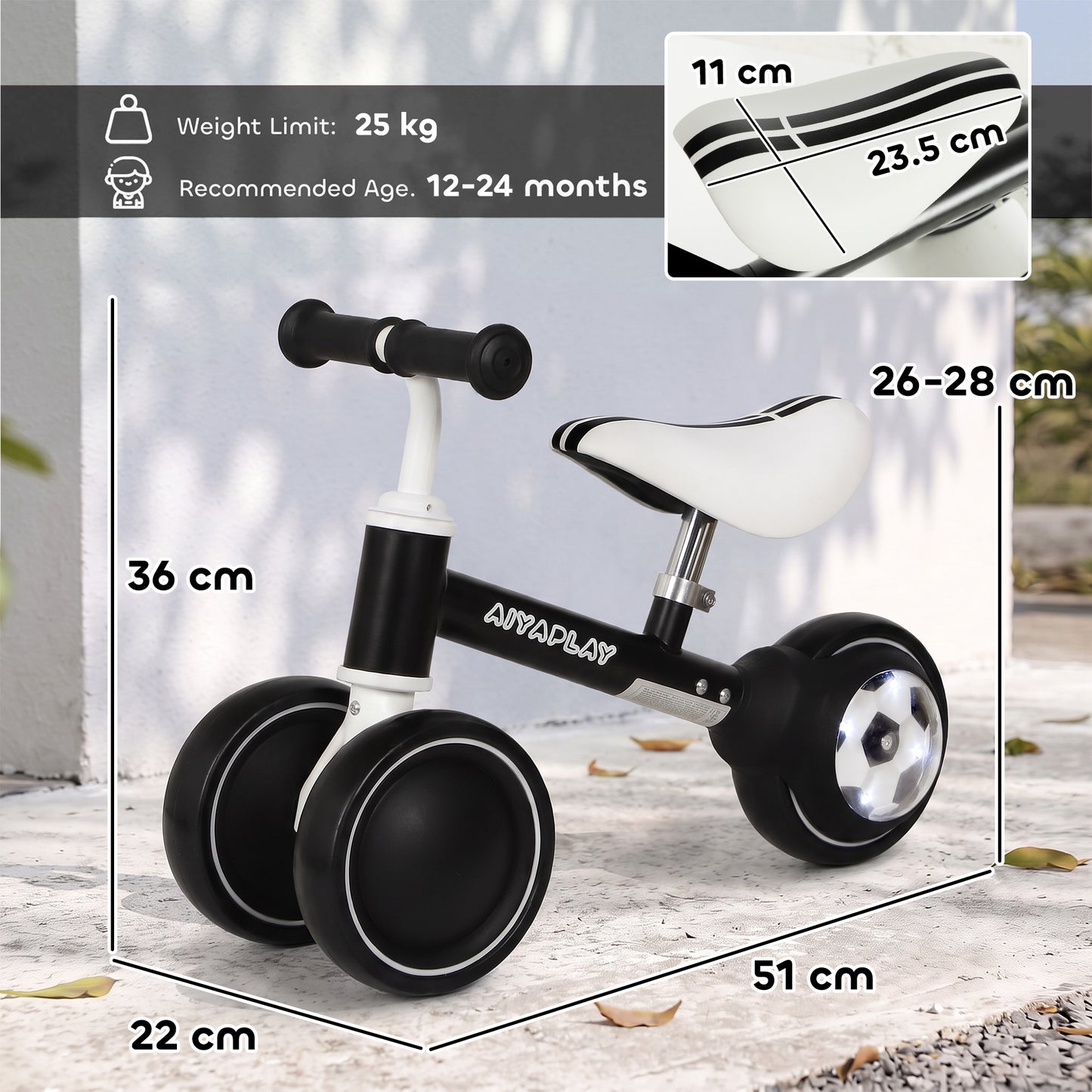 AIYAPLAY Balance Bike for Kids 1-2 Years, Toddler Bike with Adjustable Seat and Lighting Rear Wheels for Boys and Girls, Black