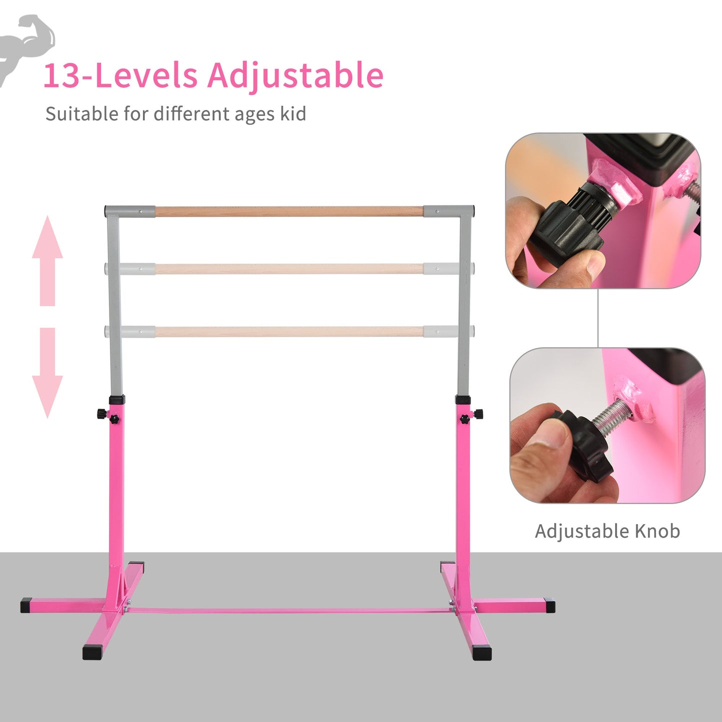 HOMCOM Height Adjustable Gymnastics Horizontal Bar For Kids Home Gym Training Children Junior Kip High Bar Fitness Pink