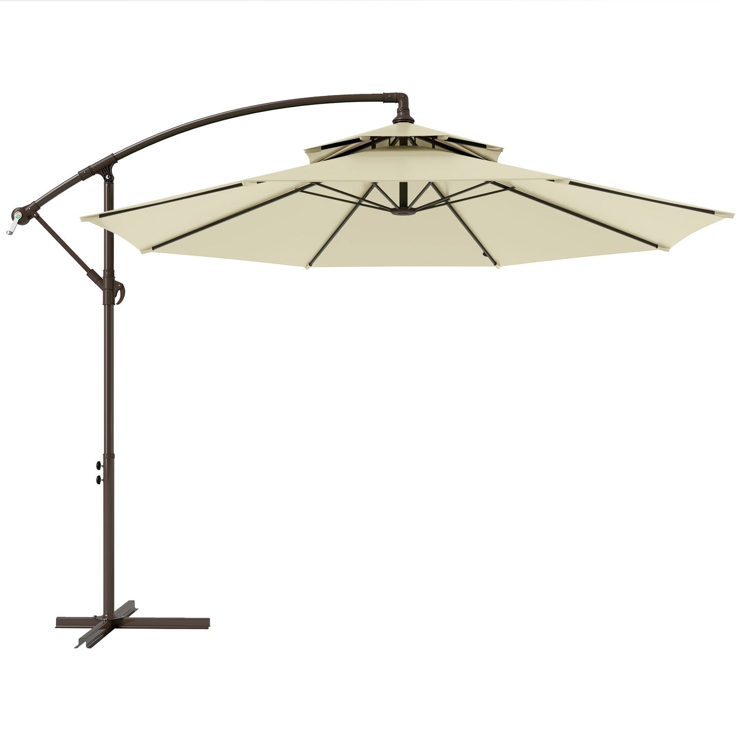 Outsunny 2,7 ​​m parasol ogrodowy bananowy z uchwytem korbowym, dwupoziomowym baldachimem i podstawą krzyżową do użytku na zewnątrz, wiszący parasol przeciwsłoneczny, beżowy