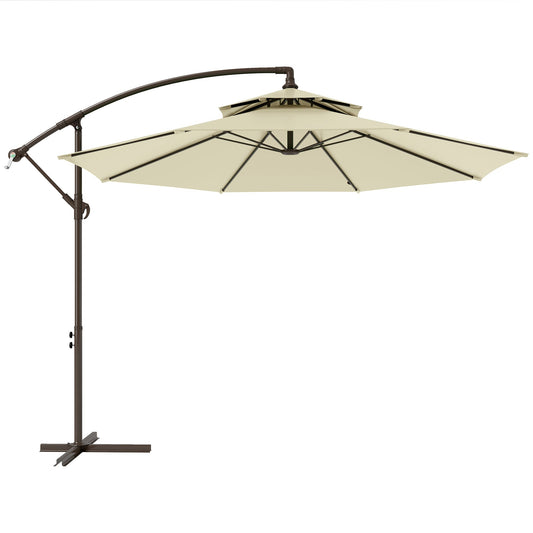 Outsunny 2.7m Garden Banana Parasol Cantilever Umbrella with Crank Handle, Double Tier Canopy and Cross Base for Outdoor, Hanging Sun Shade, Beige