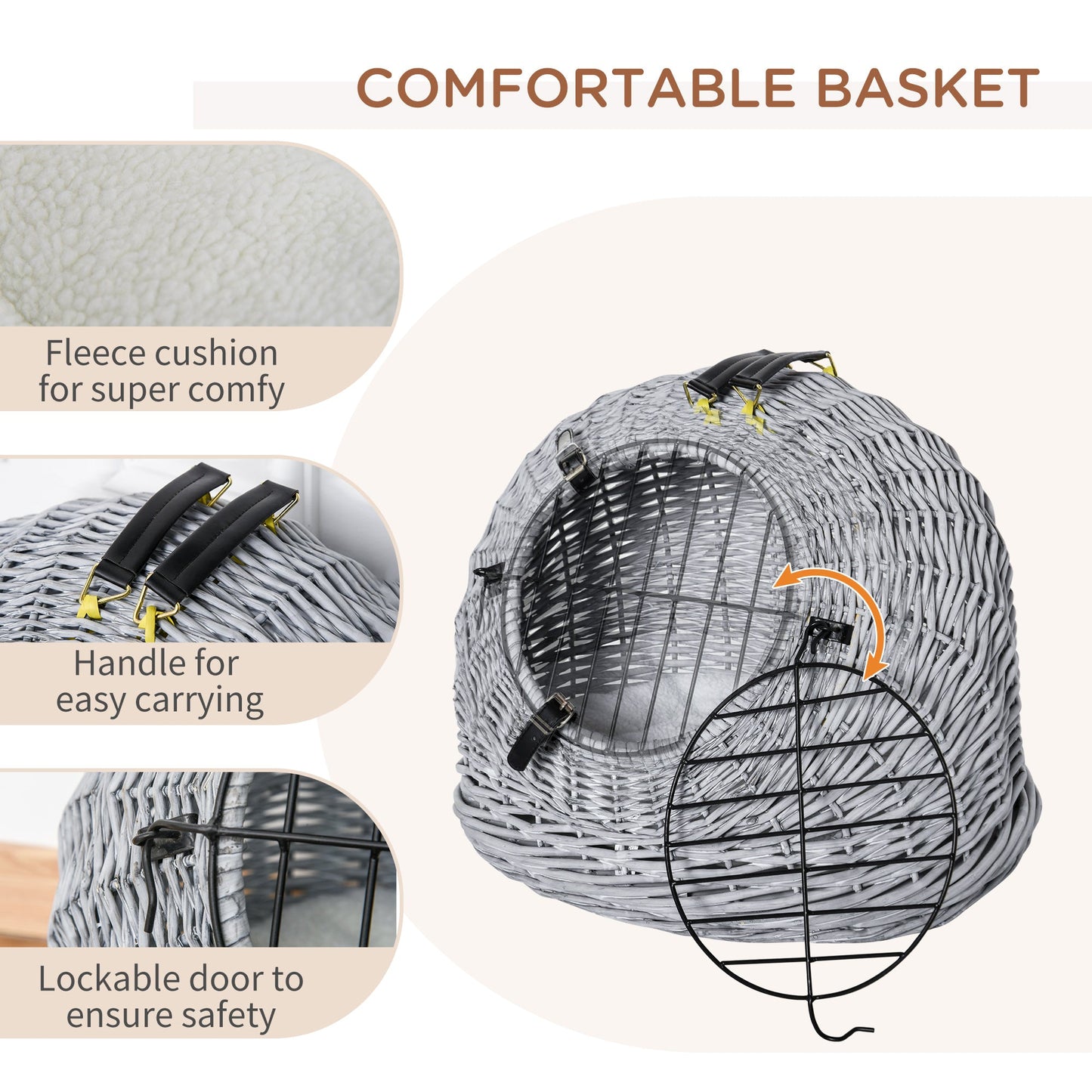 سلة حمل الحيوانات الأليفة من PawHut Wicker Pet Carrier Basket Cat Kitten Bed قفص سفر محمول مع مقبض مبطن ناعم، رمادي 50 × 40 × 40 سم