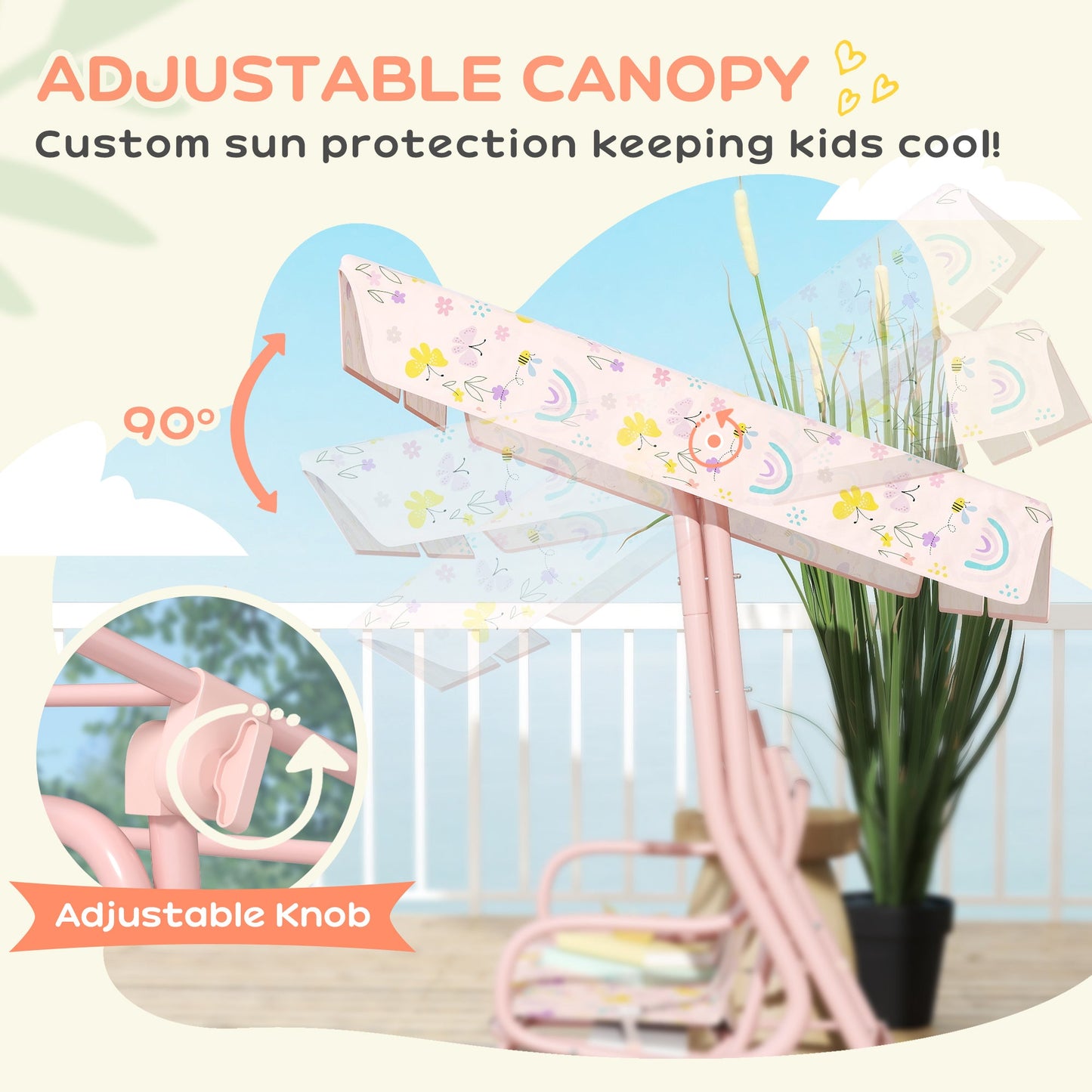 AIYAPLAY Kids Garden Swing Chair with Adjustable Canopy, Safety Belt, 2 Seater Hammock Swing Bench for Patio, Porch, Pink
