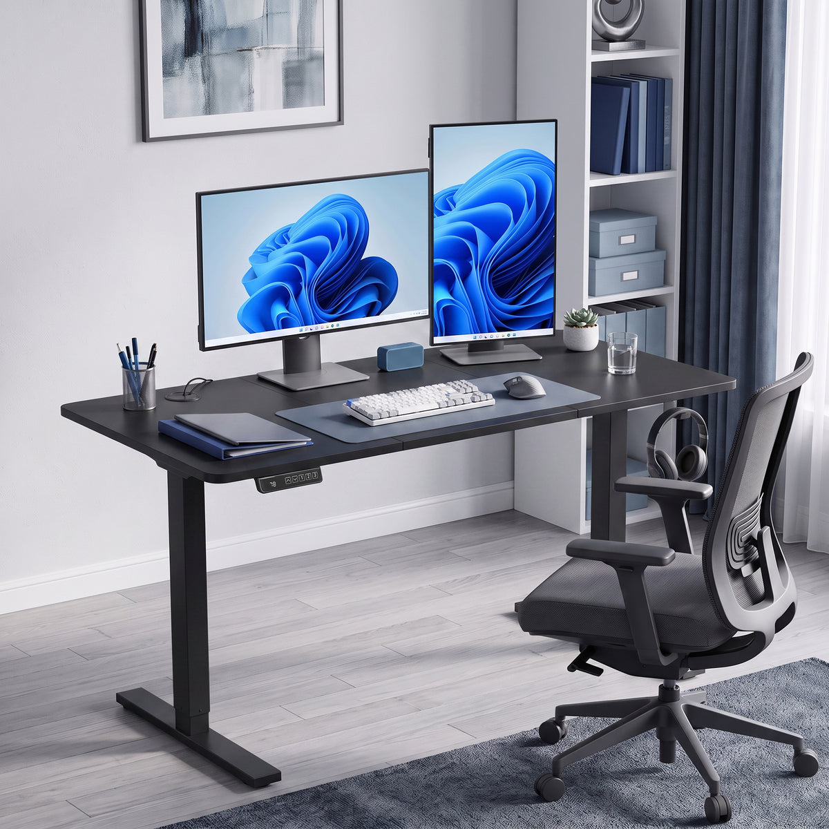 HOMCOM Standing Desk Memory Control Height Adjustable Desk 2 Cable Holes LED Display Sit Stand Desk Black