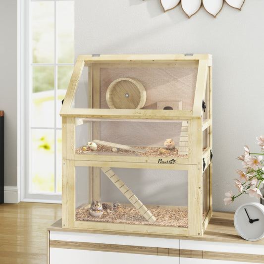 PawHut Wooden Hamster Cage with Detachable 32cm Deep Bottom, Hut, Seesaw, Exercise Wheel, Ramp, 60 x 40 x 75cm