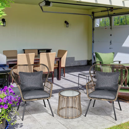Outsunny 3-częściowy zestaw bistro z rattanu, zestaw mebli ogrodowych z wikliny z poduszkami, szklanym blatem stolika kawowego i krzesłami na zewnątrz, patio, balkon, szary